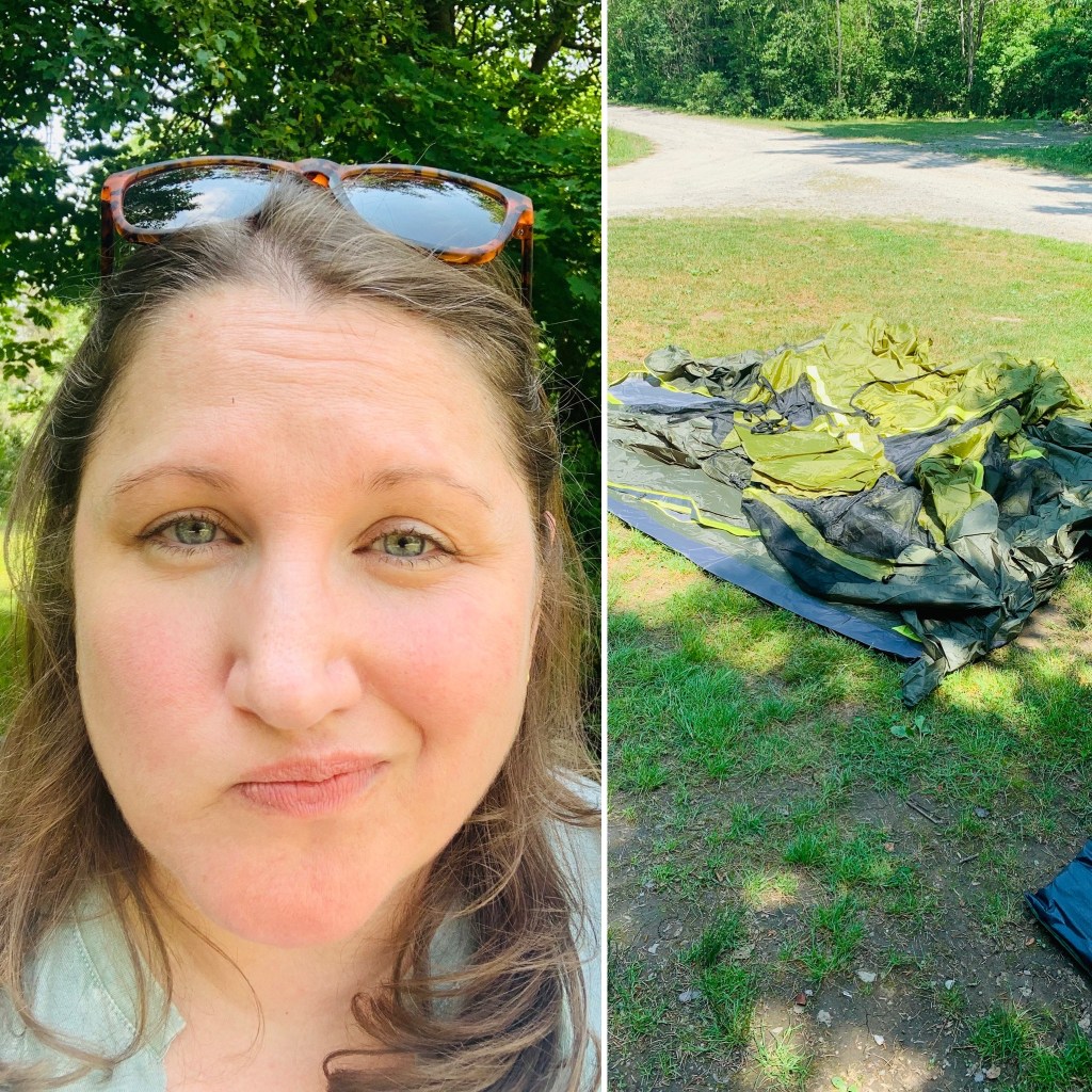 Me wishing we'd practiced setting the tent up. 